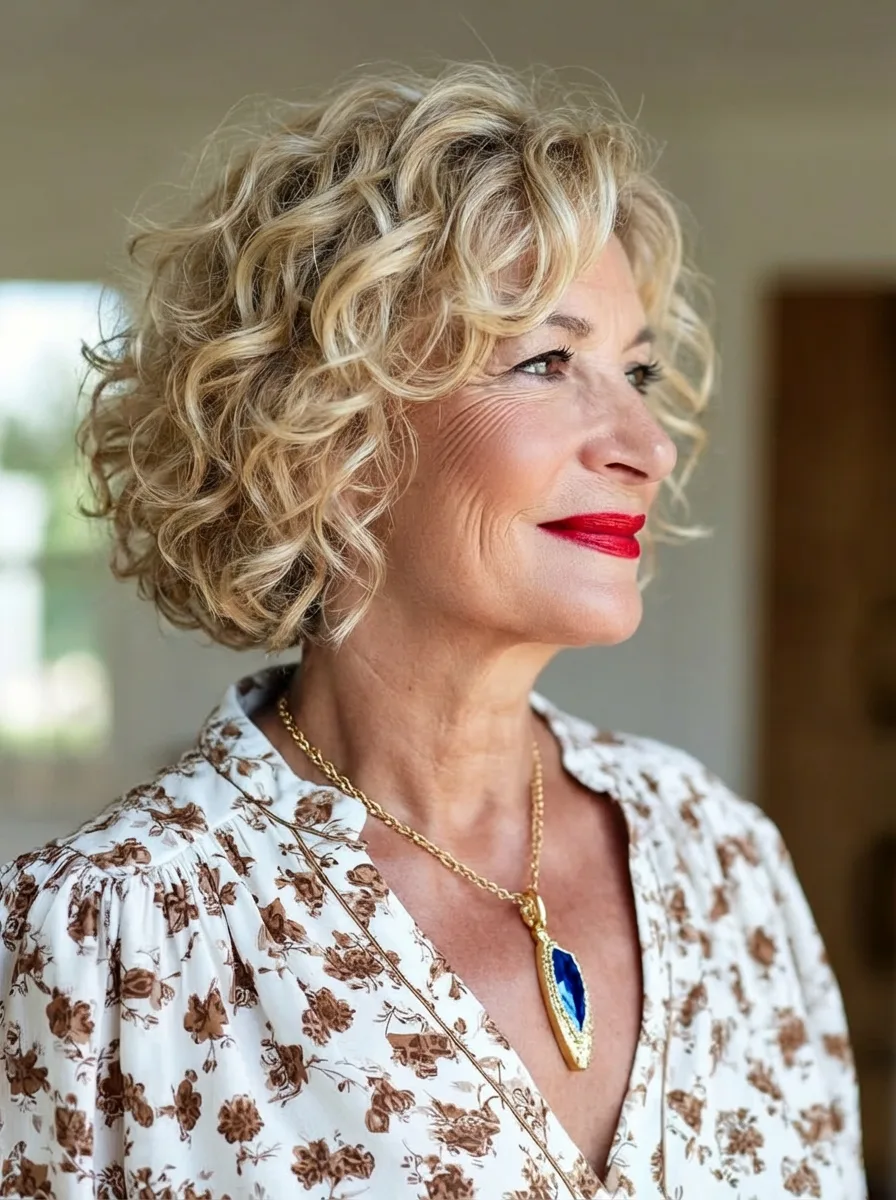 Chin-Length Curly Bob with Golden Blonde Shine